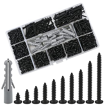 Lemiyoo M3 Pan Head Self Tapping Screws, 630 Pcs Round Head Phillips Wood Screws, Expansion Wall Plug Kit, Carbon Steel Self-Drilling Screw Kit (6/8/10/12/14/16/18/20/25/30mm) (Black)