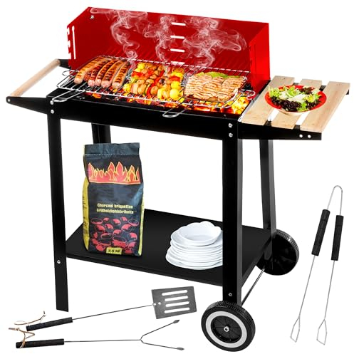 Five-Star Grill&Chill Barbecue a Carbone Portatile – Griglia Cromata 50 x 26,5 cm a 4 Altezze – Ruote e Ripiano in Legno – Acciaio smaltato da esterno – GC0010