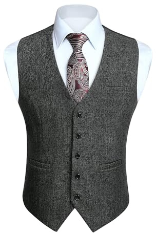 HISDERN Herren Anzugweste Grau Formale Klassische Casual V-Ausschnitt Elegant Einfarbige Westen Hochzeit Business Party Baumwolle Weste 2XL