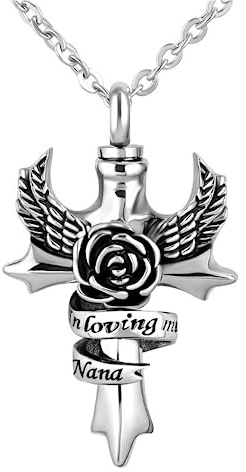 LSxAB Collier urne funéraire avec pendentif en forme d'aile d'ange avec croix en forme d'aile d'ange pour conserver les cendres, Acier inoxydable, Pas de gemme
