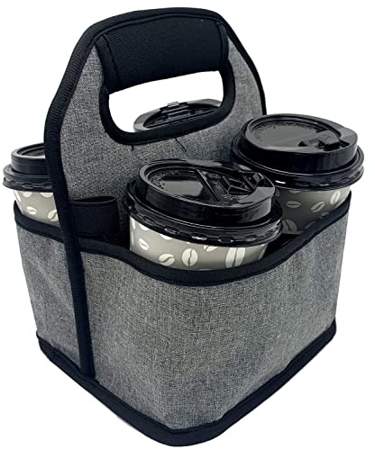 KOSTOO Portable Drink Carrier and Reusable Coffee Cup Holder for Hot or Cold Drinks, On-The-go Water Bottle Cup Caddy with Adjustable Elastic Fastening Strap, Gray (Gray-4 Pockets)