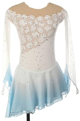 JRUIA Damen Eiskunstlauf Wettkampf Kleid Langarm Rollschuh Anzug Mit Farbverlauf Eislauf Performance Kleid Für Mädchen Gymnastikkostüm,Weiß,XXXL