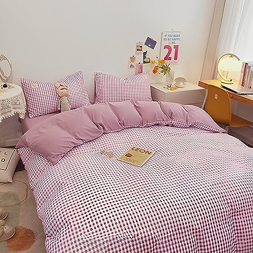 ENEN Set di Biancheria da Letto Matrimoniale 4 Pezzi, Microfibra Set Copripiumino Singolo Doppio con Chiusura Zip, 1 Lenzuolo con Angoli e 2 Federe (220x240+180cm,Plaid Viola)