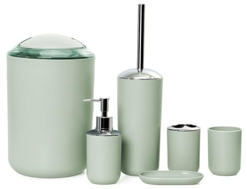Badezimmer Zubehör Set, 6-Teiliges Badezimmer Mülleimer Set, enthält Toilettenbürste Zahnbürstenhalter Zahnputzbecher Seifenschale Mülleimer Lotionspender Badezimmer Set,Grün