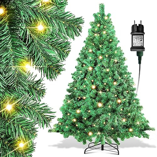 Ikodm Weihnachtsbaum Künstlich mit Beleuchtung, 180cm Grün PVC Automatischer Tannenbaum Christbaum mit 860 LED Warmweiß Lichterkette und Metallständer, Schwer Entflammbar