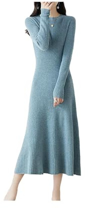 100% Wool Knitted Dress for Women 2023 Winter/Autumn Oneck Female Dresses Long Style 6Colors Jumpers Blue