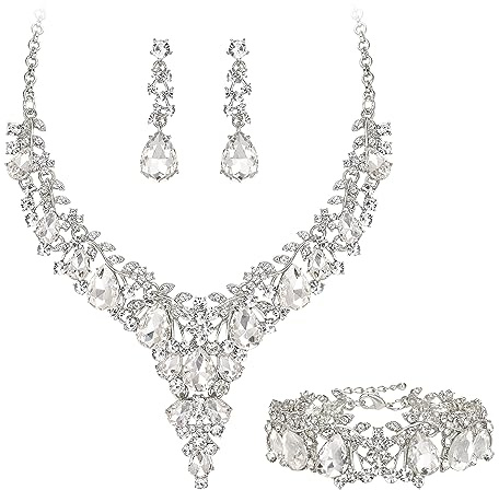 EVER FAITH Statement Schmuckset für Damen Kristall Blume rund Teardrop Braut Halskette baumeln Ohrringe und Armband Set klar Gold-Tone