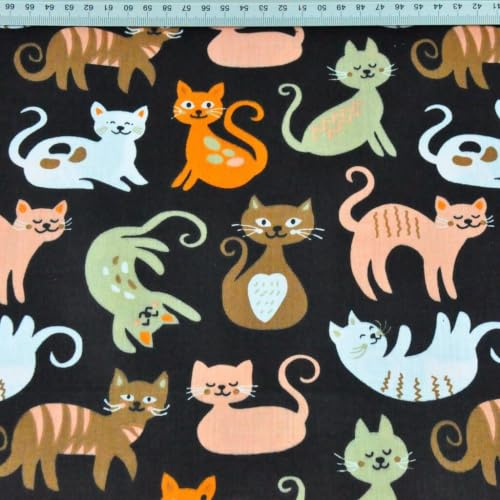 Textrend Baumwollstoff Meterware - Stoff zum Nähen - 100% Baumwolle - Textilien 1x1.6m - Stoffe Meterware - Katzen und Hunde Muster (Orangefarbene und braune Katzen auf schwarzem Hintergrund)