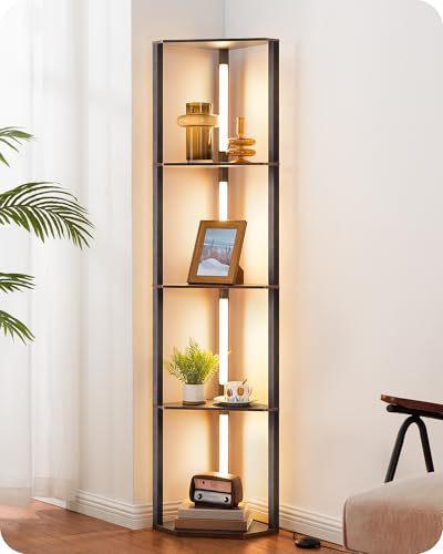 EDISHINE 64 Corner Shelf Floor Lamp for Living Room, Modern LED Corner Light with Shelves, 3CCT, Stepless Dimmable Tall Floor Light for Bedroom, Office, Dining Room, 3000K 4000K 5000K, Black Walnut