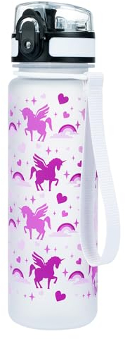Baagl Kinder Trinkflasche Auslaufsicher Wasserflasche 500ml, Schule und Sport Flasche für Jungen Mädchen Tritan (Königliches Einhorn)