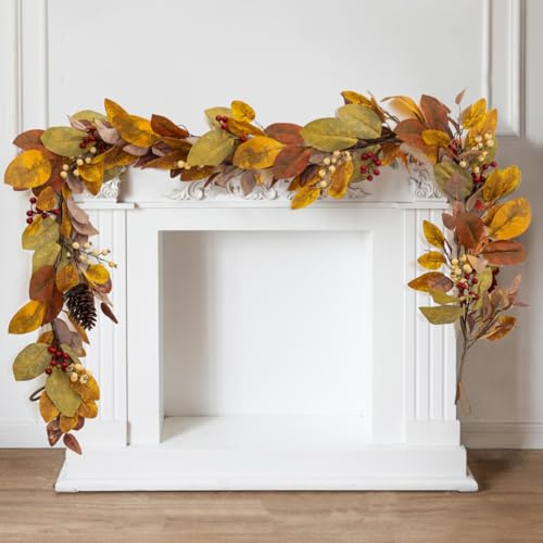 Anna's Whimsy 6.8FT Thanksgiving Flower Garland With Leaf and Pine Cone, Hanging Autumn Wreath Decor for Door, Wall, Staircase, Porch, Balcony, Fireplace - Fall Indoor Decor