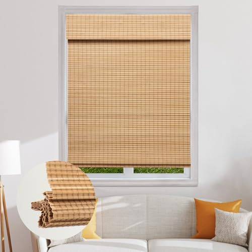 SEEYE Cordless Bamboo Roman Shades, Blackout Natural Bamboo Blinds for Indoor Windows, Roll Up Blind Privacy Shade for Home, Office, Door, UV Resistant & Easy to Install, 24 W x 64 H, Carbonized