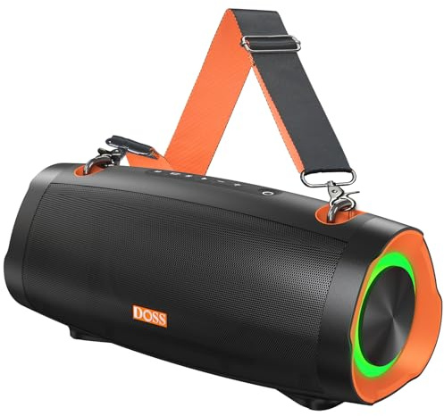 DOSS Extreme Boom Pro D100 Bluetooth-Lautsprecher mit 70 W kräftigem Sound, Extra Bass, 24 Stunden Spielzeit, Beat-Sync-Lichtern, Integrierter Powerbank, IPX6-wasserdicht – Outdoor, Camping (Orange)