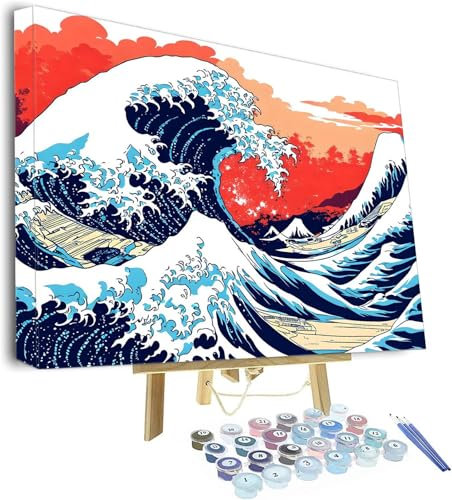 Malen Nach Zahlen Erwachsene, Japan Paint by Numbers Adult, Wellen DIY Handgemalt Ölgemälde Mit 3 - Pinseln und Acrylfarbe Knitterfreie Leinwand Kit, Wand Deko Bilder Ohne Rahmen, 120x80cm P-871