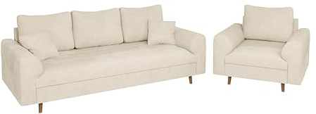 S-Style Möbel Set Sofa 3 Sitzer Sessel Couch 2 Stück Holzfüße Braun Freistehend Chenille Stoff Bjorn Beige