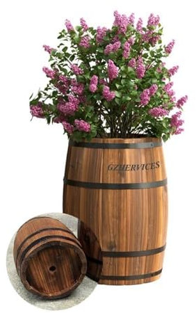 Pflanzgefäße, rund, Blumeneimer, Blumenständer, Vintage-Weinfass, Holzfass-Pflanzgefäß, Blumentopf, Drainageloch für Innenbereich, Heimdekoration, Behälter (30 x 35 cm, braun)