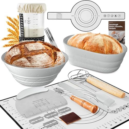 BICRET Sourdough Ferment Set, 15-Piece Bread Baking Accessories with Proofing Basket, Wheat Pattern, Fermentation Glass, Thermometer, Proofing Basket, Bread Silicone Set, Dough Knife Gift for