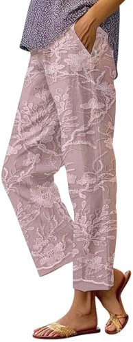 Damenhose mit Blumenstickerei, Spitze, bedruckt, lockere Tasche, Patchwork, Freizeithose, elastische Taille, rose, S