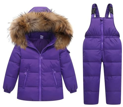 JiAmy Tuta da neve per bambini, 2 pezzi, invernale, con cappuccio, piumino e pantaloni da neve, tuta da sci per ragazzo, ultraleggero, Viola, 130/6-7 Years