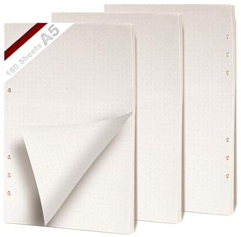 KINETOX Confezione da 3 fogli di carta a pois A5, 180 fogli di carta a pois, raccoglitore ad anelli a 6 anelli, inserto di ricambio per planner, quaderni, diari, album da disegno, planner