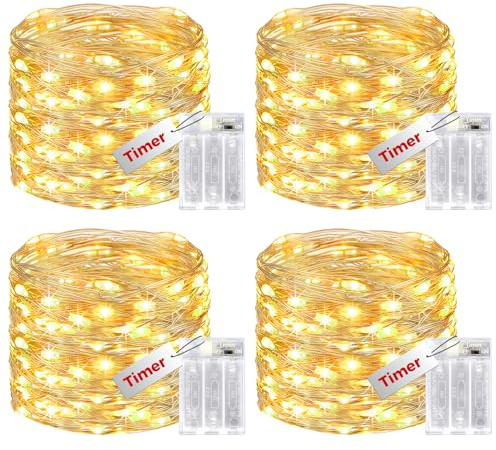 Bitjam 4 Stück Lichterkette Batterie mit Timer, 12M 120 LED Lichterkette Kupferdraht Draht IP65 Wasserdicht, AA Lichterketten Batteriebetrieben für Partys Weihnachten Schlafzimmer Innen Deko, Warmweiß