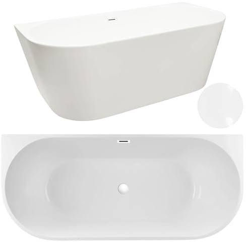 Aquauno - Baignoire autoportante en acrylique sanitaire de qualité supérieure - 150 x 75 cm - Avec bonde clic-clac, trop-plein, couvercle, bonde en blanc - Baignoire design