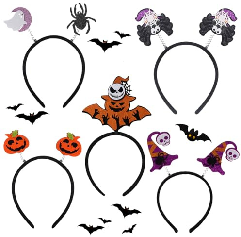 SYTTNUM 5 Halloween Stirnband Halloween Haarreifen mit Hexenhut Spinnennetz Kürbis Skelett Weißer Geister Haarbänder Haarband Halloweens Cosplay Kostüm Halloweens Party Haar Accessoires