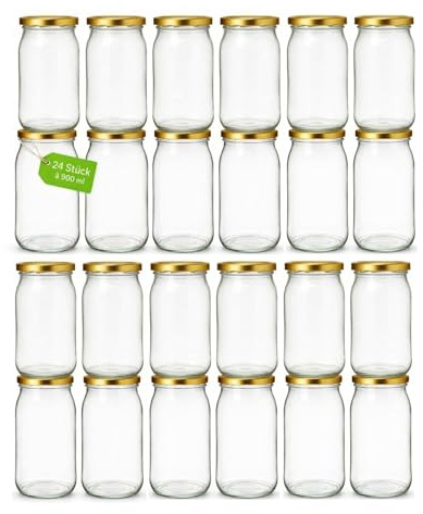 Einmachgläser mit schraubdeckel 900 ml 24er Set mit goldenen Deckel fi82 Einmachglas Einweckgläser - Vorratsgläser Glas luftdicht Twist Off - für Gurken Paprika Kompott Marmelade Honig Einmachen