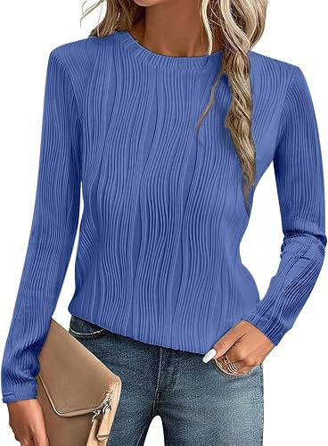OOHOKAY Women's Long Sleeve Tops Textured Casual Round Neck Textured Blouse Solid Basic T-Shirts(Blue-p3,XL)
