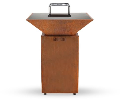 GRILL'CHIC - Pack Privilège Brasero Auvergnat Corten Normal Carré - Simple Cuve - Avec Bâche + Grille + Stop Food Inclus - À Assembler - Fabriqué en France - 63 L x 63 P x 78 H cm