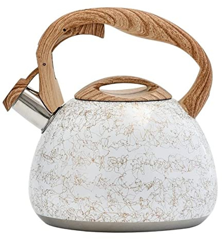 Bouilloire de 2,8 L en acier inoxydable avec sifflet et poignée en bois, compatible avec les plaques à gaz et à induction.