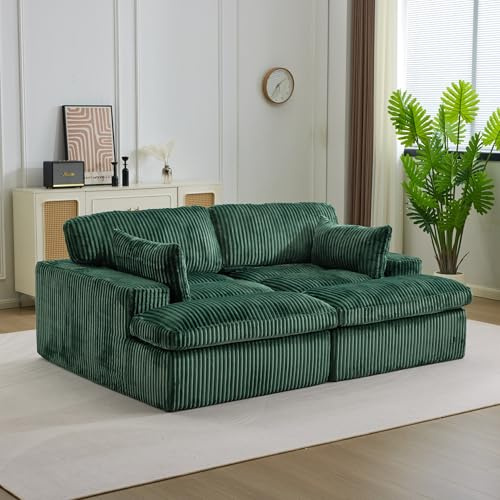 EMKK Cord Sofa 214x145x57 cm, 2 Sitzer Sofa mit Schlaffunktion, Loveseat Sofa mit Armlehnen, Komfort Boneless Couch, Keine Montage Erforderlich, für Wohnzimmer, Schlafzimmer (Grün)