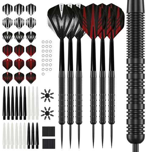 KOTO – Silver Brass Dartpfeile, 18 Gramm, Steeldarts, Inkl. Accessory Kit Steeltip 90 Stücks, 2 Sets Dartpfeile 23 G, 6 Sets Flights, 6 Sets Shafts | 18G Steeldart Pfeile, Inkl. 6 Barrels, 6 Dart Flight & 6 Shaft, Center Weighted, Ringed Grip, Runde Spitze, Messing, 57mm