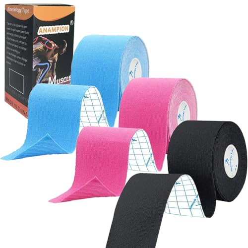 ANAMPION Kinesiology Tape, Waterproof Sports Tape for Athletes Physio Elastic Tape Pain Relief Adhesive for Muscles Shin Splints Ankle Knee & Shoulder 5m(Mix Color) (Black+Blue+Pink, 3Rolls)