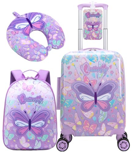 HTgroce Valise Enfant Fille, Cabine Enfant Papillon avec Cartable Fille Primaire, Valise Enfant Roulette avec 4 Roues Pivotante à 360°