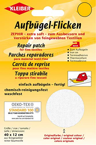 Kleiber 40 x 12 cm Extra weiches Baumwollausbesserungsflicken zum Aufbügeln, weiß