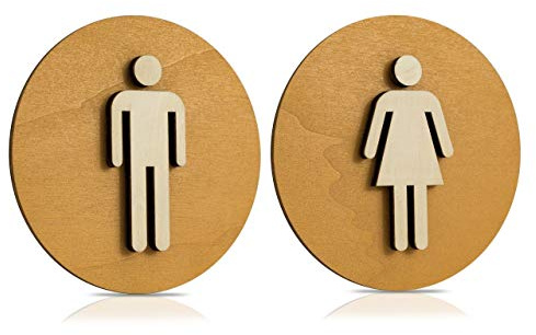 WC Schild Holz Toilettenschild Toilette Türschild Damen Herren Behinderten Piktogramm Farbe Nussbaum hell (Ø 18cm, Damen+Herren)