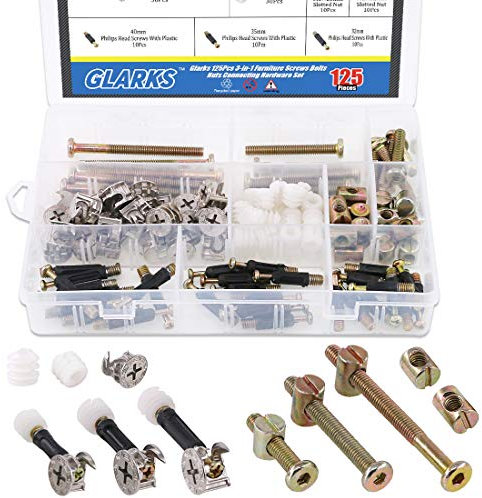 Glarks - Juego de 125 piezas 3 en 1 de accesorios de conexión para muebles, tapón hexagonal para muebles, tornillos de barril, tuercas de perno y montaje de leva, tuerca preinsertada y rueda céntrica