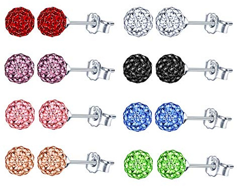 8 par kristallkula form 925 sterlingsilver örhängen kristallkula dam örhängen i 8 färger/set, 6mm / 8mm, Strass, Strass