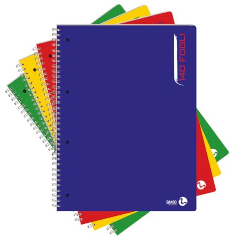 BM BeMore - Blocco Spiralato Maxi Color 0112760 140 Fogli - Blocco Spiralato con Fori Formato A4 - Rigatura 4 mm con Quadretti 4 mm - Carta 80 g/mq – 4 Colori Assortiti - Confezione 3 pezzi