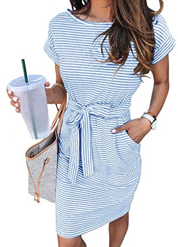 MEROKEETY Women's 2026 Summer Casual T Shirt Dress Short Sleeve Striped Tie Waist Work Vacation Trendy Short Dresses, Blue, S