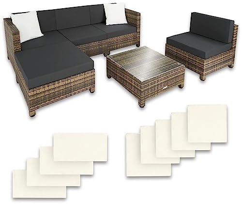 tectake Gartenmöbel Set, Lounge aus Poly Rattan und Aluminium, Balkon Möbel Set mit 10 cm Polsterung und Kissen, ideal für Garten und Balkon, inkl. 2 Sessel, 2 Ecksessel, 1 Tisch, 1 Hocker - Natur