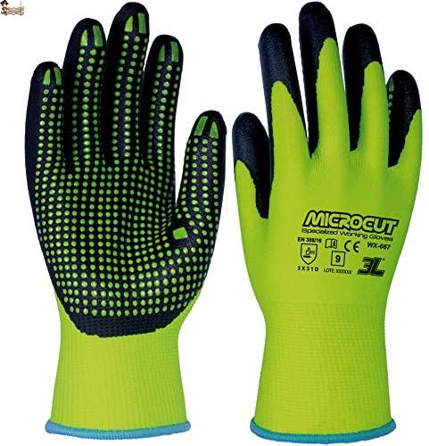 BricoLoco.com Guantes trabajo anticorte de nitrilo, poliéster, elastano y fibra de vidrio. Alta protección. Puntos dots para máximo agarre. Excelente adaptación a la mano. (1, Talla 8)