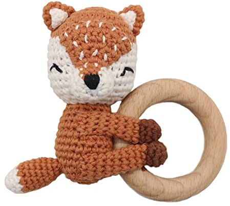 EXQULEG Handmade Baby Rassel für Mädchen und Jungen ab 0 Monaten -Babyrassel Baby Holz Beissring Greifling Spielzeug Geschenk zur Geburt, Babyparty (Fuchs)
