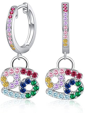 Orecchini Zodiacali Cancro da Donna - Qings Argento 925 Costellazione Cerchio Ciondolo Zirconi Colorati Astrologia Oroscopo Penzolante Orecchini 12 Segni Zodiacali Gioielli Regali per Ragazze