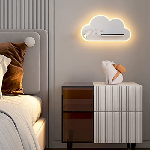 Samnuerly LED Cloud Wall Light Indoor with USB Charging Port & Qi Wireless Charger, Adjustable Bedside Wall Lamp with Switch, 350° Rotatable Reading Lights with Shelf, Warm White, 12W + 3W (Left)