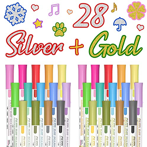 Shuttle Art Dubbellinjerade konturpennor, 14 silver och 14 guldmetalliska tuschpennor, set, glitterpennor för barn och vuxna, klotterpennor för svart pappersteckning, scrapbooking,