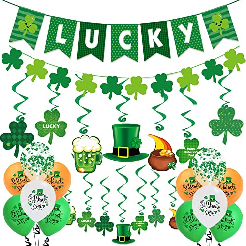 St Patricks Day Decorations Party Banner - 57Pcs St Patrick’s Day Party Decorations Irish Party Decor Spring Holiday St Patrick’s Day Accessory Wall Decorations with Lucky Banner Shamrock Banner