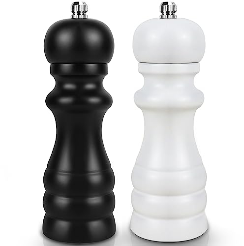 Moulin a Poivre et Sel Set, Lot de 2 Moulin à Sel et Poivre Mpanuel, Salieres et Poivrieres avec Broyeur à Épices en Cépamique Réglable, 6,5 Pouces Moulin Poivre en Bois pour Sel de Mer (Noir/Blanc)