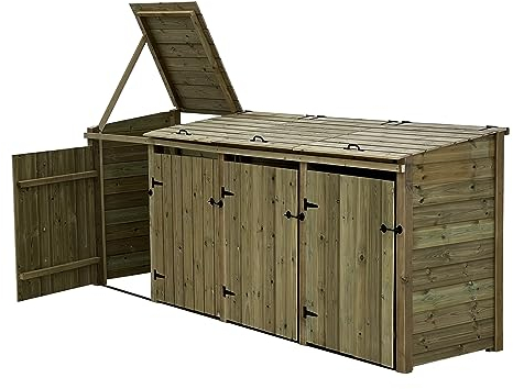 Arbor Garden Solutions Wheelie bin storage pressure treated garden recycling store lid shed outdoor trash cover - Premium Tongue And Groove (Quadruple, with shelf)